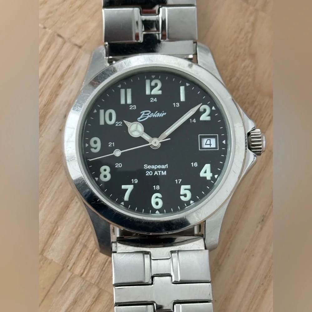 Belair Seapearl 20 ATM Rare Luxury Watch Black Dial Stretch Bracelet Date Window